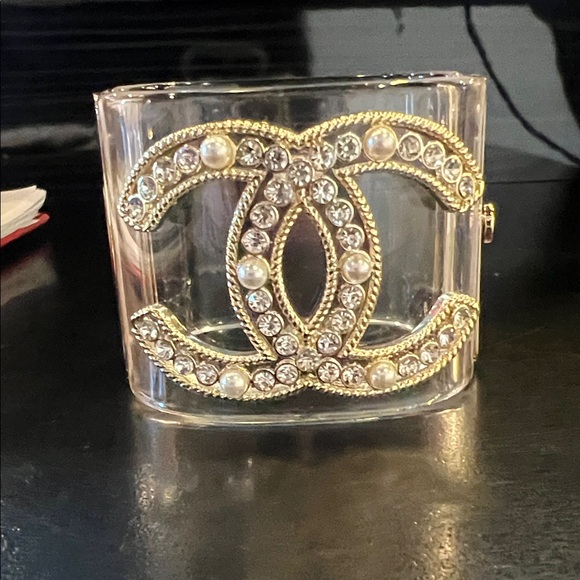 Gold and Clear Cuff Bracelet with Pearl and Crystal Accents - Picture 1 of 12